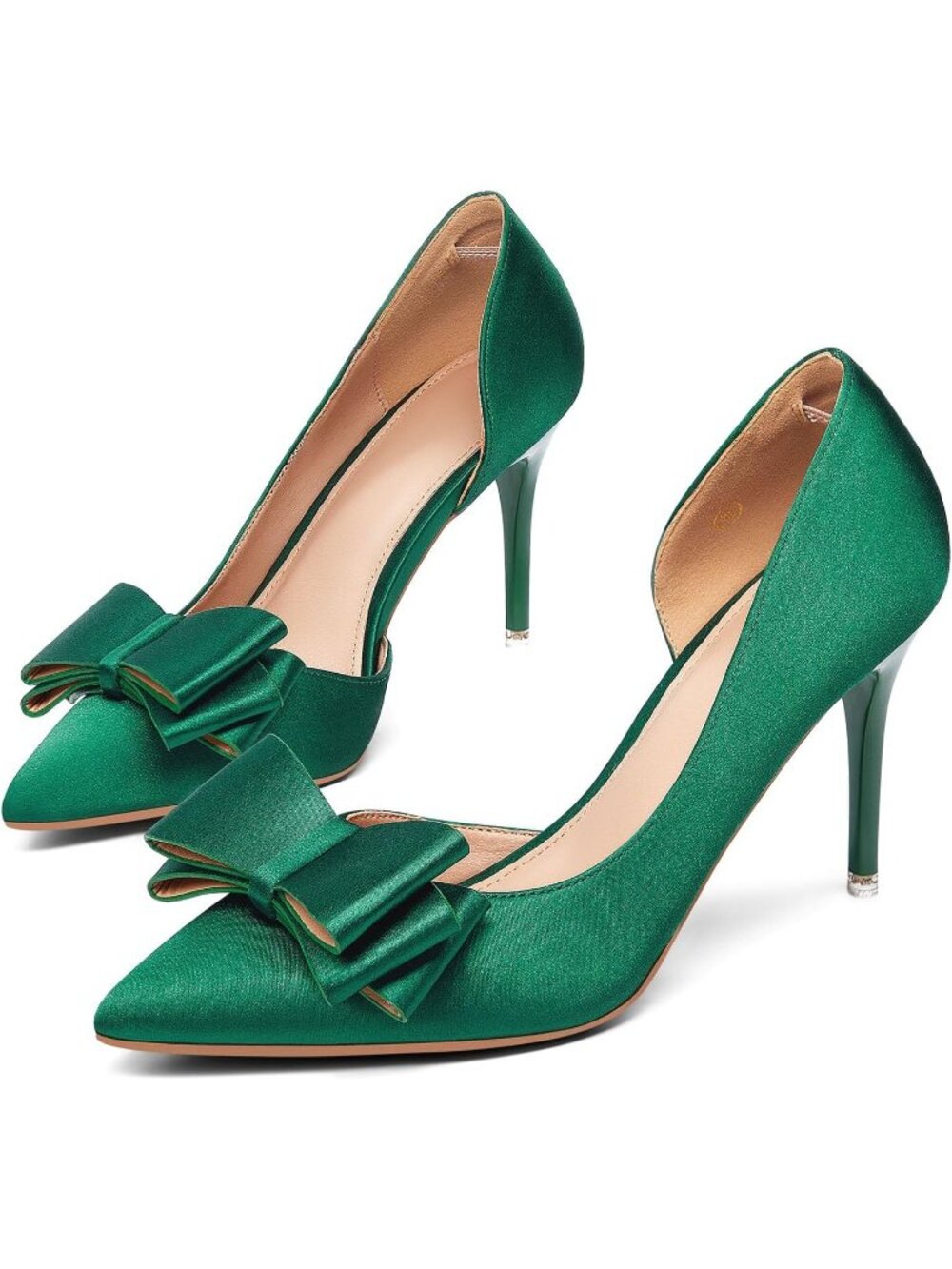 Women's Green-satin Faux Leather Closed Pointed Toe Stiletto Slip on Pumps